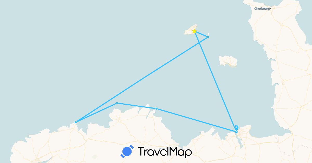 TravelMap itinerary: driving, boat in France, Guernsey (Europe)