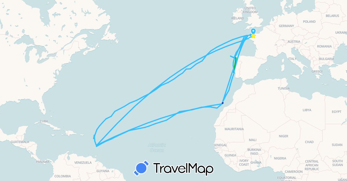 TravelMap itinerary: driving, bus, boat in Spain, France, Guadeloupe, Saint Lucia, Morocco, Martinique, Portugal (Africa, Europe, North America)